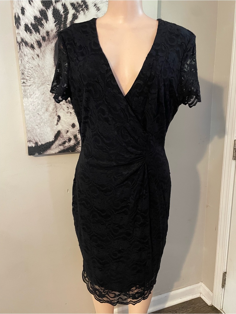 Goth inspired Lace faux wrap dress Vintage Robbie Bee stretch comfy V-neck sz 12